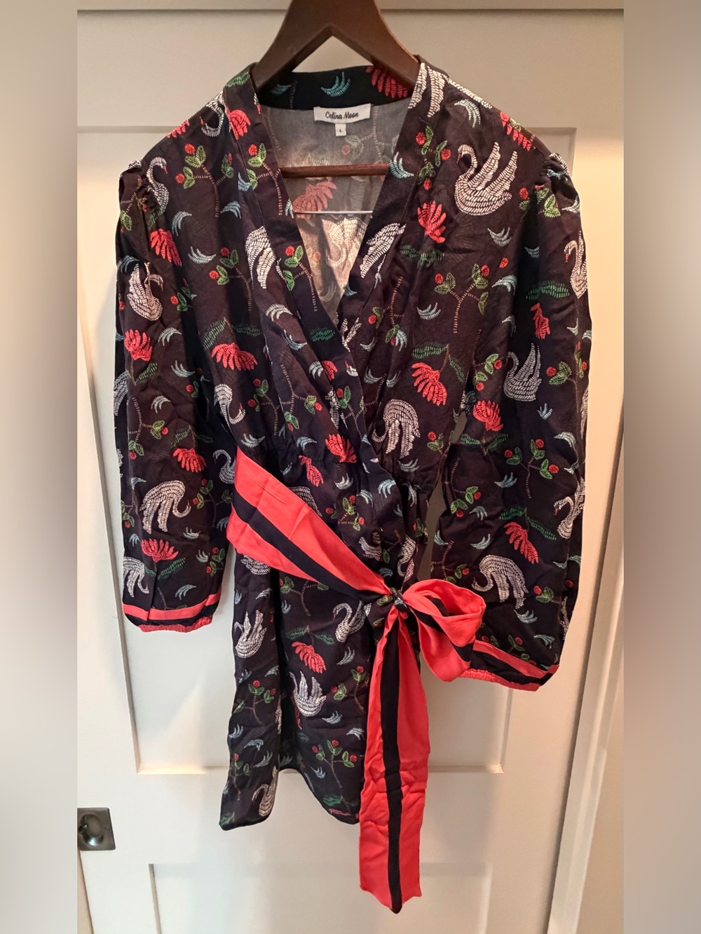 CELINA MOON Black Floral Wrap Dress with Red Sash - Women’s Large